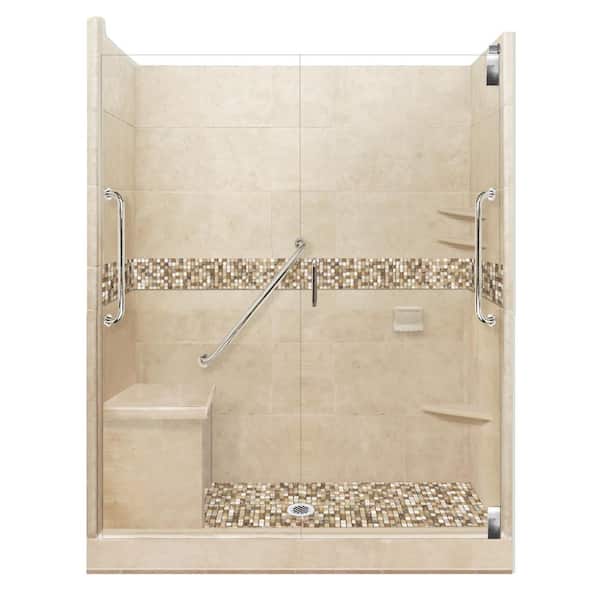 American Bath Factory Roma Freedom Grand Hinged 36 in. x 60 in. x 80 in. Center Drain Alcove Shower Kit in Brown Sugar and Chrome Hardware