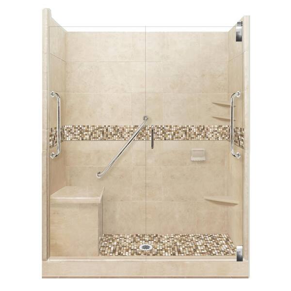 American Bath Factory Roma Freedom Grand Hinged 42 in. x 60 in. x 80 in. Center Drain Alcove Shower Kit in Brown Sugar and Chrome Hardware