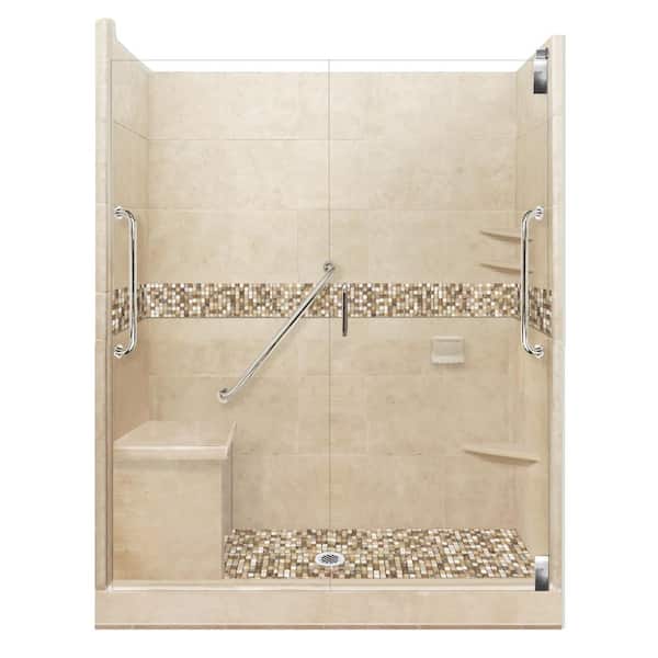 American Bath Factory Roma Freedom Grand Hinged 34 in. x 60 in. x 80 in. Center Drain Alcove Shower Kit in Brown Sugar and Satin Nickel