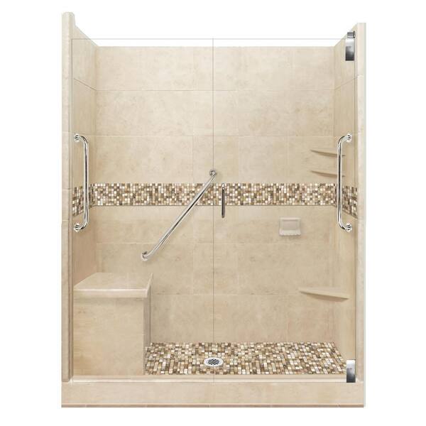 American Bath Factory Roma Freedom Grand Hinged 36 in. x 60 in. x 80 in. Center Drain Alcove Shower Kit in Brown Sugar and Satin Nickel