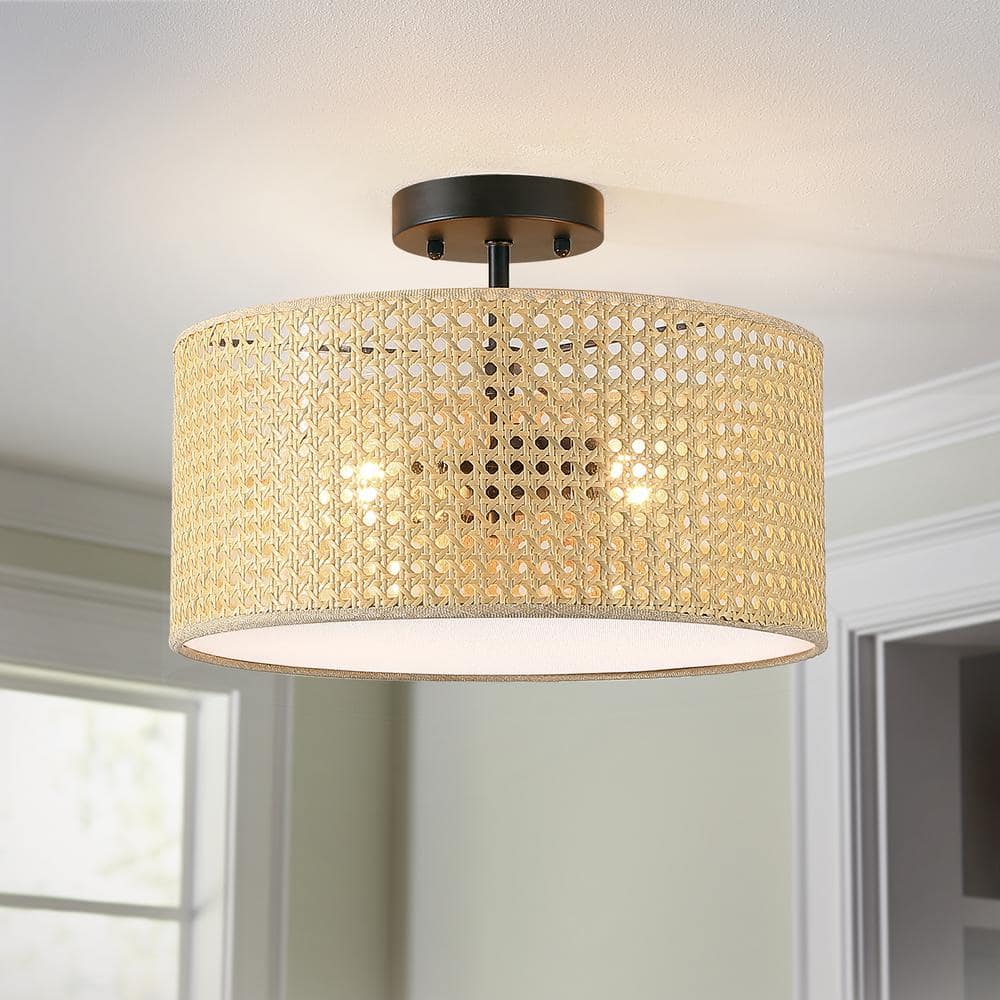 TRUE FINE Nekoosa 14 in. 2Light Drum SemiFlush Mount With Black