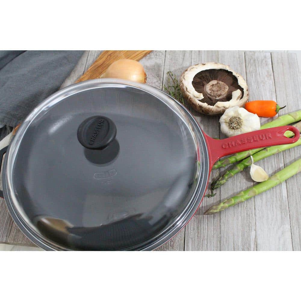 Red Enameled Cast Iron Frying Pan with Glass Lid