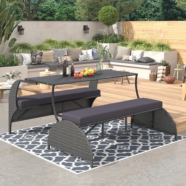 Metal and Wicker Outdoor Loveseat with Gray Cushions, Convertible to Four Seats and A Table for Gardens, Lawns, Backyard