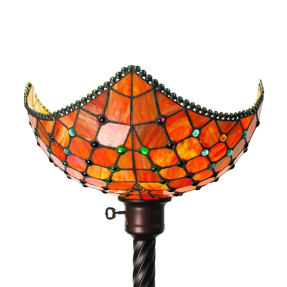 Antique Bronze Stained Glass Torchiere Floor Lamp with Multicolored Jewels