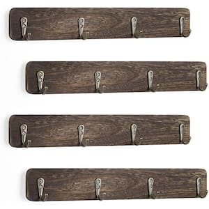 Wall Mounted Coffee Mug Holder Rustic Wood Cup Organizer with Hooks Set of 4, Rustic Brown