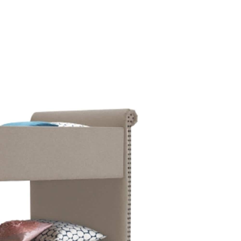 Beige Twin Bunk Bed with Trundle and Tufted Upholstery