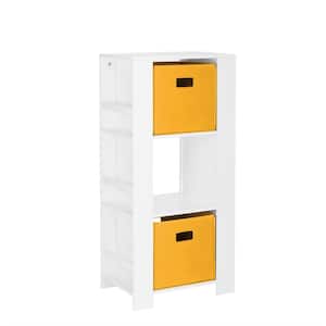 Kids White Cubby Storage Tower with Bookshelves with 2-Piece Golden Yellow Bins