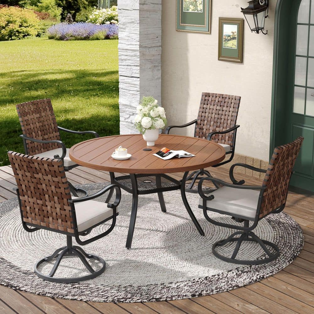 5-Piece Metal Outdoor Dining Set with 4 Swivel Wicker Chairs, Beige Cushions and 47.2 in. Walnut-Finish Round Table price history on PriceWatchPro