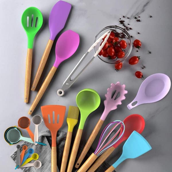 Kaluns Multi Color Utensils Wood And Silicone Cooking Utensil Set
