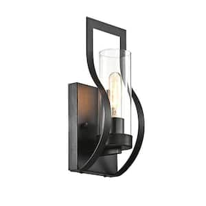 1-Light Black Farmhouse Unique Wall Sconce with Clear Glass Shade, Metal Industrial Mounted Light for Bedroom Hallway