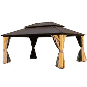 12 ft. x 16 ft. Brown Cedar Wood Hardtop Gazebo with Galvanized Steel Double Roof, Netting and Curtains for Patio, Deck
