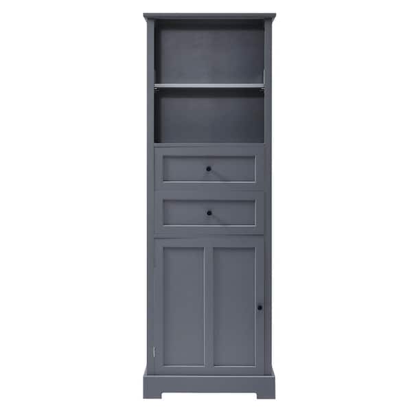 HwoamneT 22.24 in. W x 11.81 in. D x 66.14 in. H Gray MDF Freestanding Linen Cabinet with 2-Drawers and Open Storage