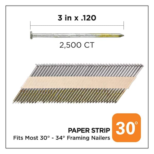 3 in. x 0.120 30-Degree Bright Finish Smooth Shank Paper Tape Framing Nails (2500 -Per Box)