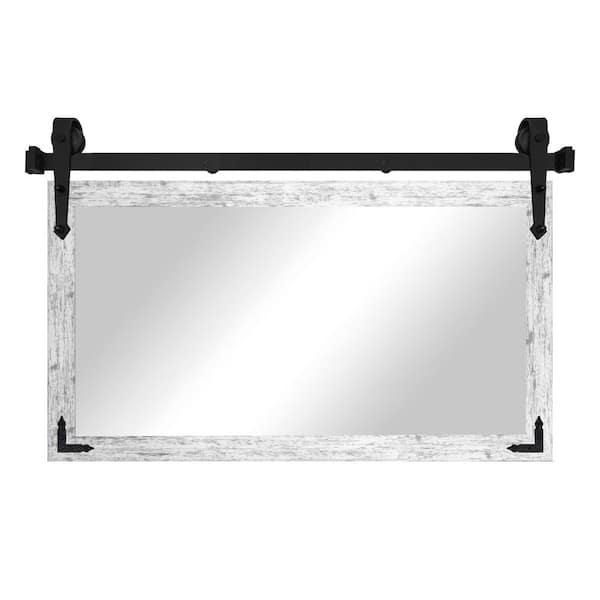 30 in. W x 33 in. H Barnwood White Mirror with Steel Barn Door Track and Decorative Metal Corner Brackets