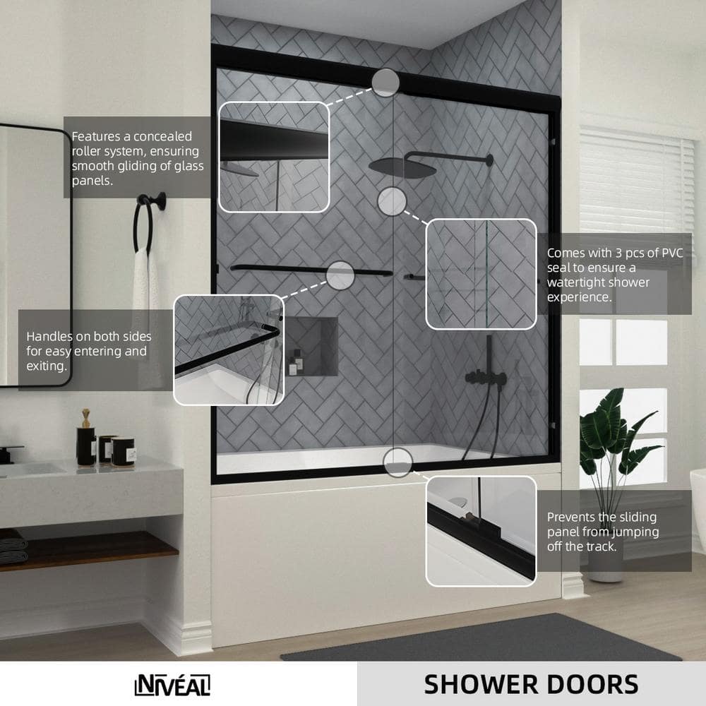 Matte Black Semi-Frameless Sliding Tub Door with Clear Tempered Glass