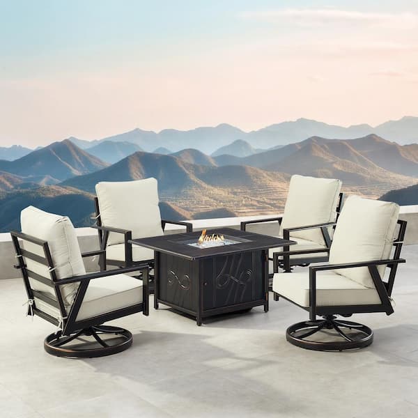 Oakland Living Black 6-Piece Aluminum Patio Fire Pit with 4-Club Chairs Light Grey Cushions