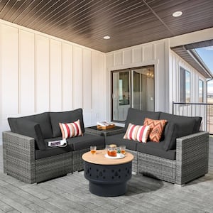 Daffodil R Gray 6-Piece Wicker Patio Wood Burning Fire Pit Conversation Sofa Set with Black Cushions