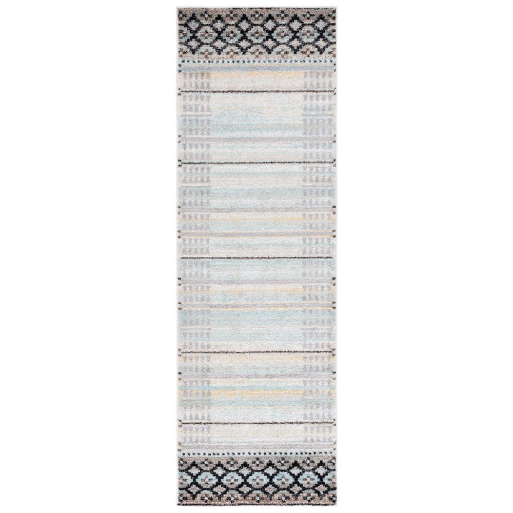 Blue and Ivory Geometric Pattern Runner Rug 2'6" x 8'