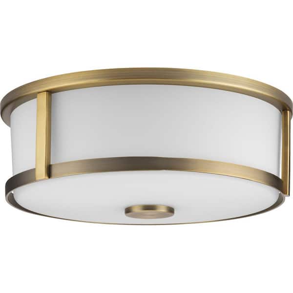 Progress Lighting Gilliam 12-5/8 in. 2-Light Vintage Brass Flush Mount with Etched Opal Glass Shade
