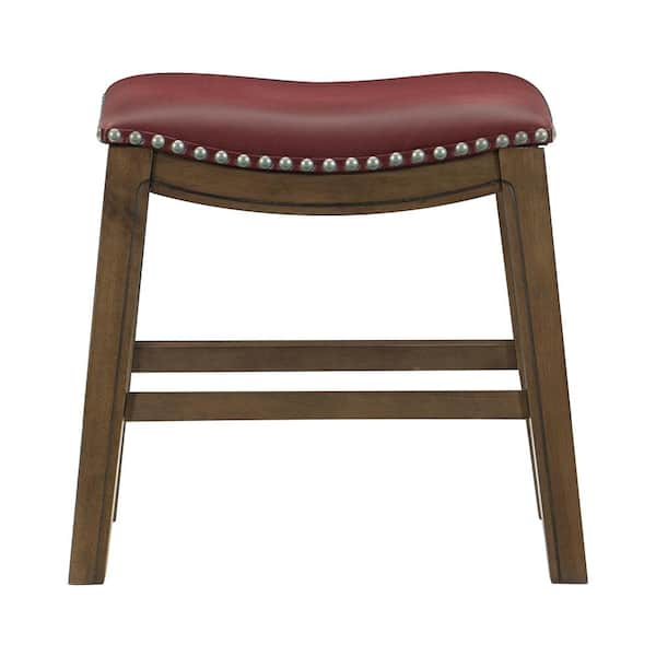 Unbranded Pecos 19 in. Brown Wood Dining Stool with Red Faux Leather Seat