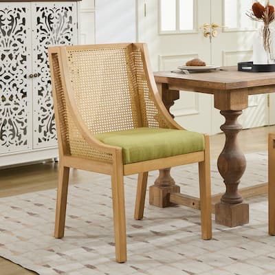 Olive Green Rattan Dining Chair with Linen Cushion