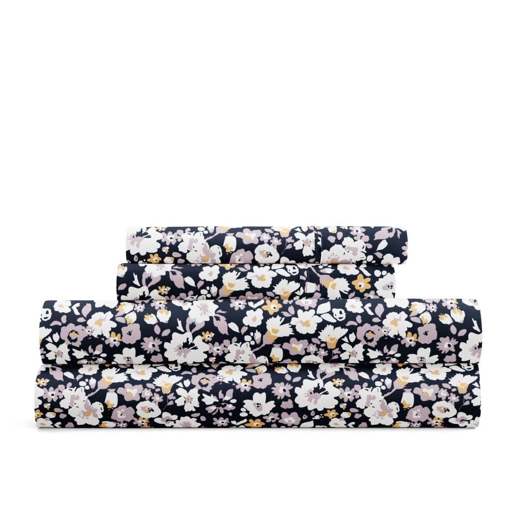 Navy Floral Queen Microfiber 3-Piece Sheet Set