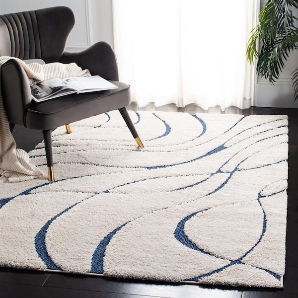 Florida Shag Cream/Blue 9 ft. x 9 ft. Square Solid Area Rug