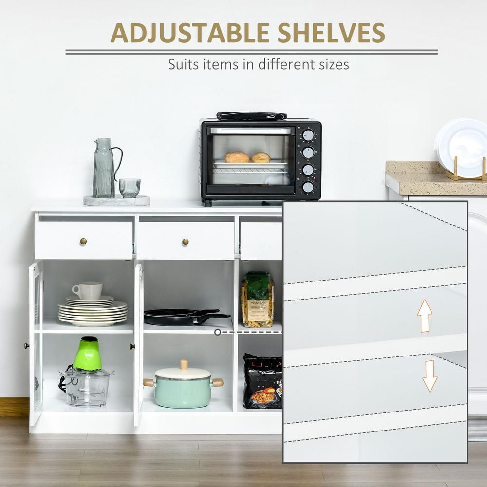 White Farmhouse Style Sideboard Buffet Cabinet with Glass Doors and Drawers