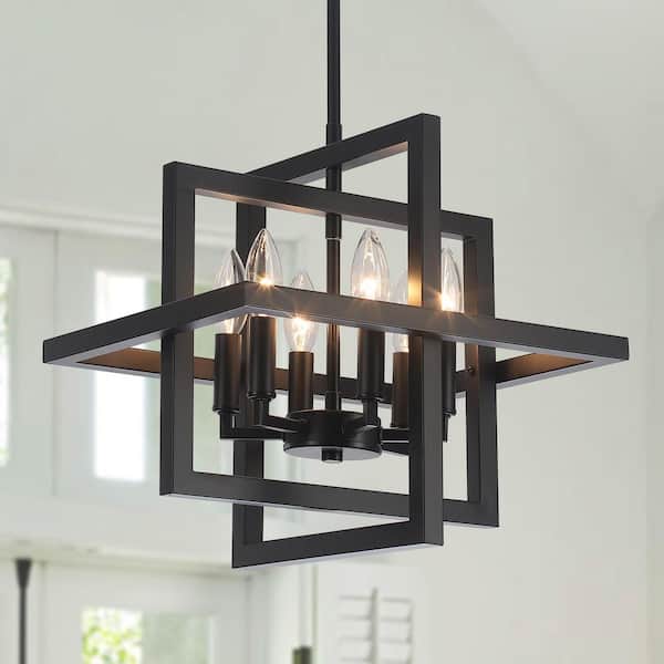 HLJYNJM 6-Light Black Industrial Geometric Chandelier Adjustable Height Rectangle Pendant Light for Dining Room
