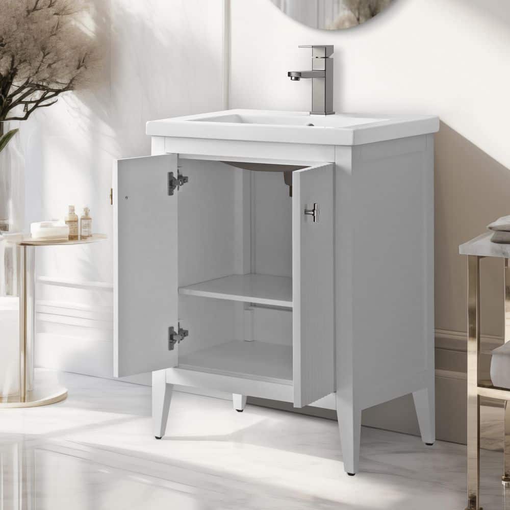 Linear White 24" Single Sink Bathroom Vanity with Ceramic Top