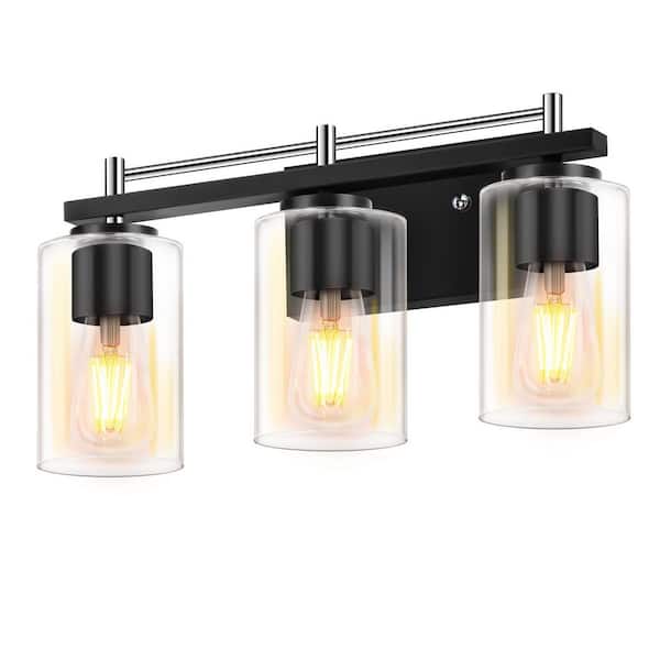 Farmhouse 17.3 in. 3-Light Chrome and Black Bathroom Vanity Light with Glass Shade