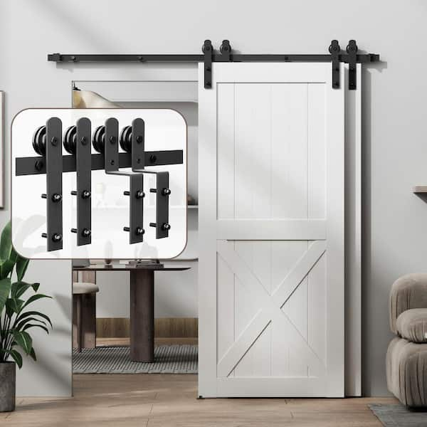 Movisa 6 ft./72 in. J-Shaped Sliding Single Barn Door Hardware Kit with Large Wheel Rollers, Matte Black