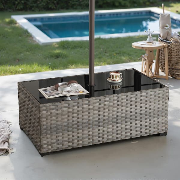 Silhouette Rectangular Gray Wicker Outdoor Patio with Umbrella Hole Table