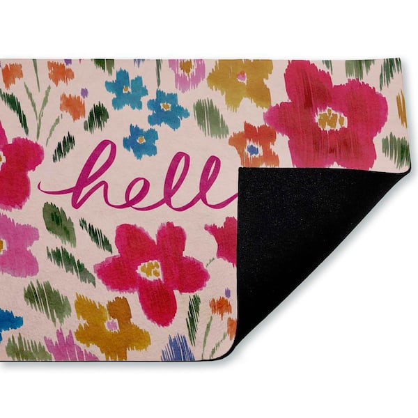 Hello Ikat Flowers Pink 18 in. x 30 in. Polyester Non-Slip Outdoor Door Mat
