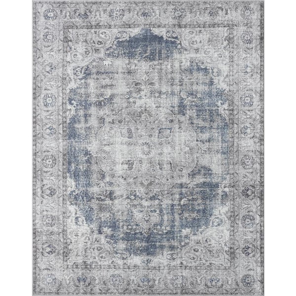 Tayse Rugs Parker Oriental Navy 5 ft. x 7 ft. Machine Washable Indoor Area Rug