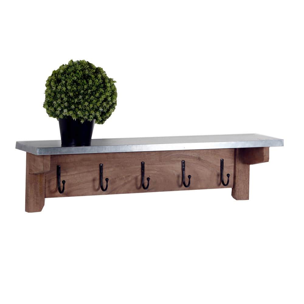Millwork 40" Medium Wood and Zinc Hook Shelf