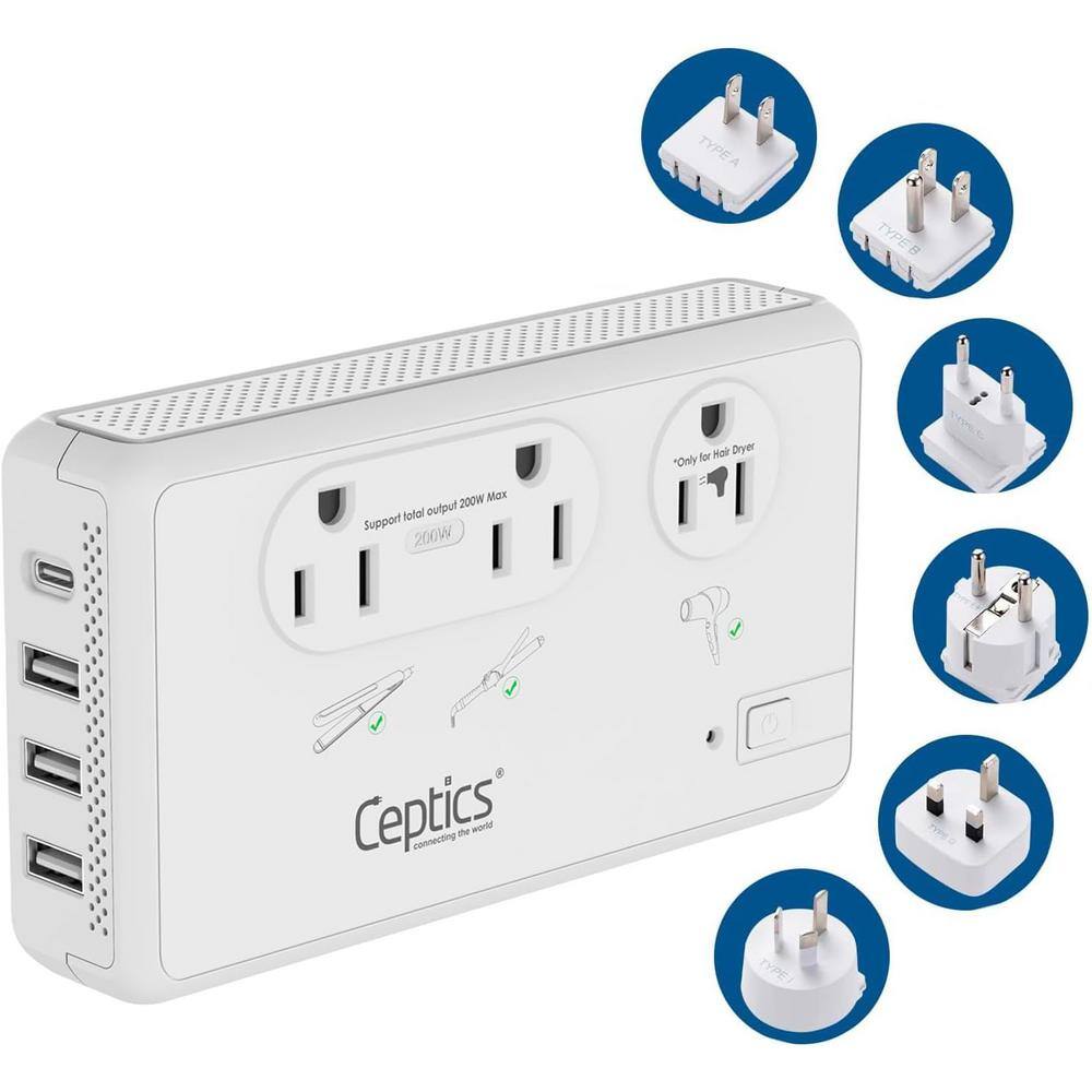 Travel Adapter Voltage Converter 220-Volt to 110-Volt with 3-Outlets 3 USB-A, 1 USB-C Ports and 6-Types Sockets in White price history on PriceWatchPro