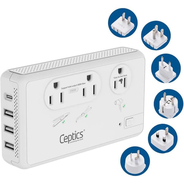 Travel Adapter Voltage Converter 220-Volt to 110-Volt with 3-Outlets 3 USB-A, 1 USB-C Ports and 6-Types Sockets in White