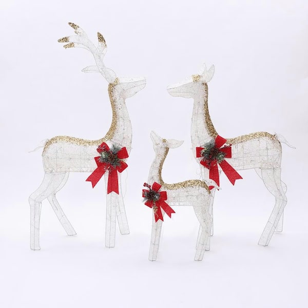 49 in. Lighted White and Gold Glitter Deer Family Set, Indoor/Outdoor Christmas Decoration