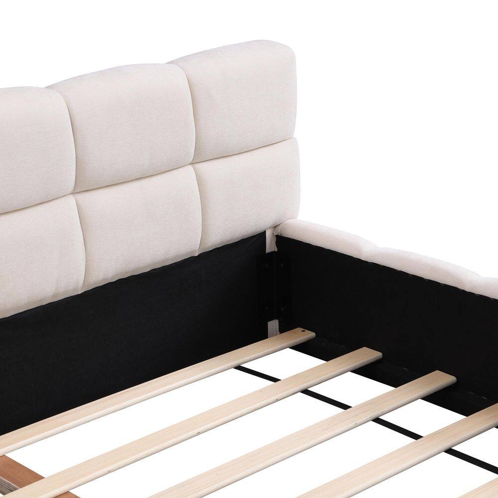 Beige Wood Frame King Size Chenille Upholstered Platform Bed Grounded Bed with Tufted Headboard - thumbnail 6