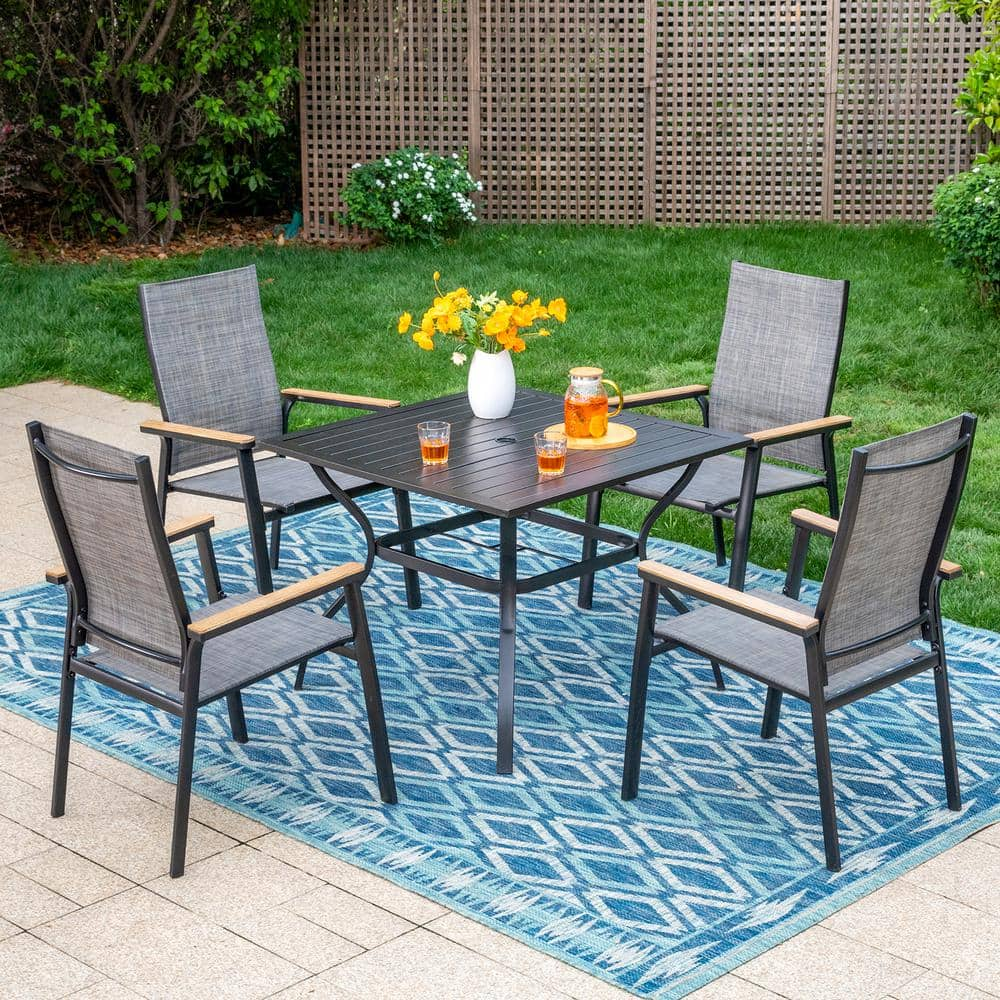 Black 5-Piece Metal Outdoor Patio Dining Set with Slat Square Table and Stackable Aluminum Chairs -  PHI VILLA, HD-S5-122