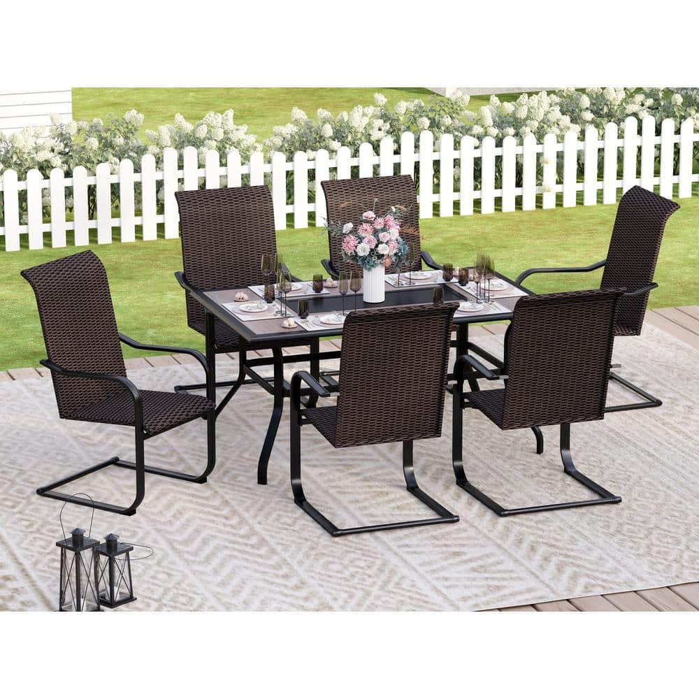 Phi Villa 7 Piece Patio Outdoor Dining Set With Rectangle Wood Look Tabletop And C Spring Rattan 6672