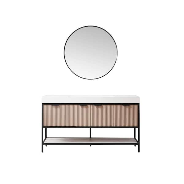 ROSWELL Marcilla 60 in. W x 20 in. D x 34 in. H Single Sink Bath Vanity in Almond Coffee with White Integral Sink Top and Mirror