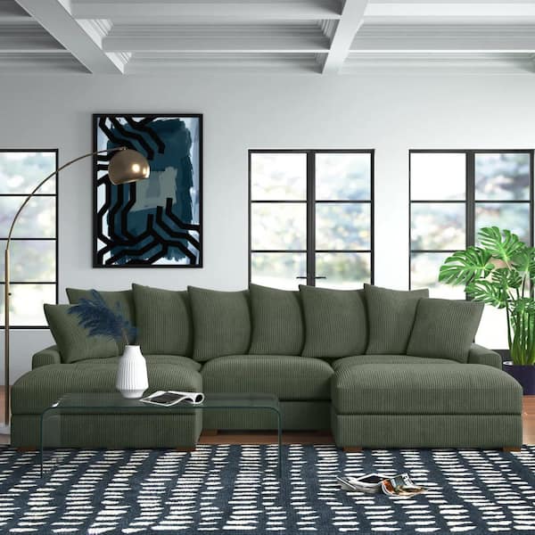 Monland 127 in. Square Arm Polyester Corduroy Upholstery U-Shaped Chaise Deep-Seated Oversized 5-Pieces Sectional Sofa in Green