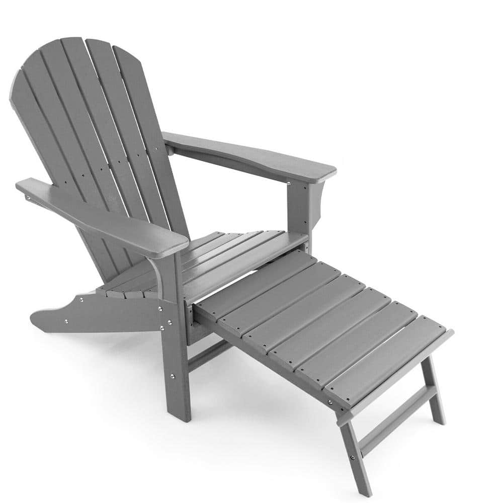 WELLFOR Gray HDPE Adirondack Chair with Retractable Ottoman (Set of 1