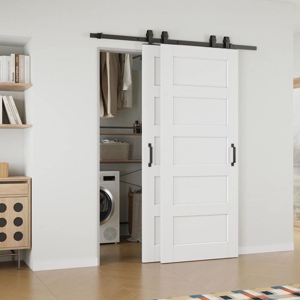 56 in. x 80 in. (Double 32 in.) Paneled 5-Lite White Primed Solid Core MDF Sliding Barn Door with Hardware Kit Bypass price history on PriceWatchPro