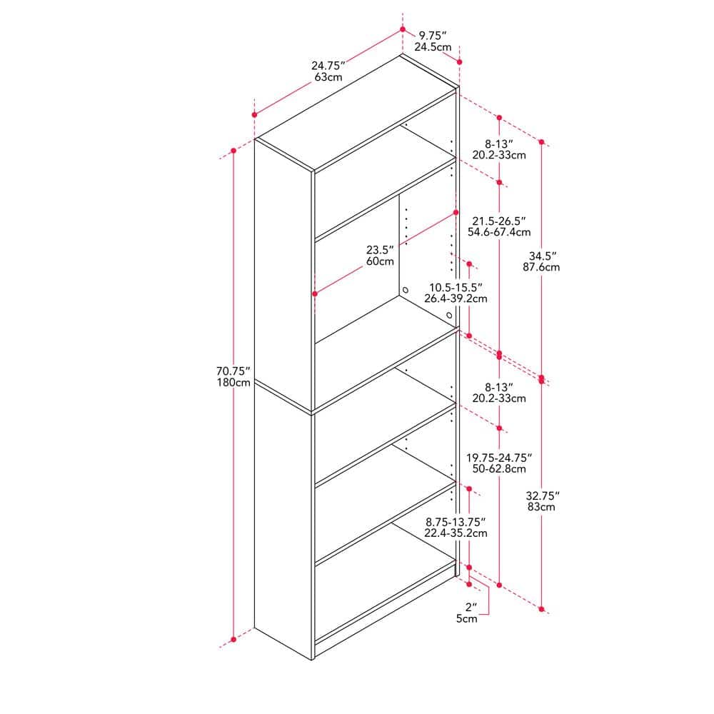 White Adjustable 5-Tier Wooden Bookshelf