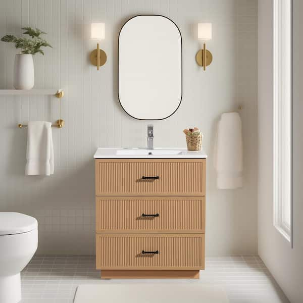 18.25 in. W x 29.75 in. D x 34.13 in. H 1 Sink Freestanding Bath Vanity in Brown with White Ceramic Top and 3-Drawers