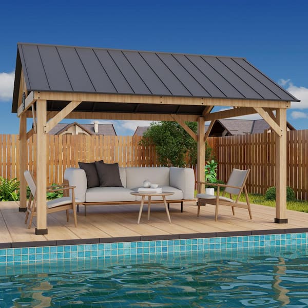 15 ft. x 13 ft. Cedar Wood Hardtop Outdoor Patio Gazebo with Galvanized Steel Roof and Ceiling Hook Brown