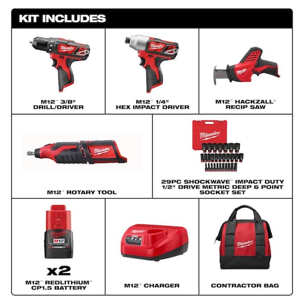 M12 12V Li-Ion Cordless 4-Tool Combo Kit w (2) Compact 1.5Ah Batteries and Charger w 1/2 in. Metric Socket Set (29-Pc)